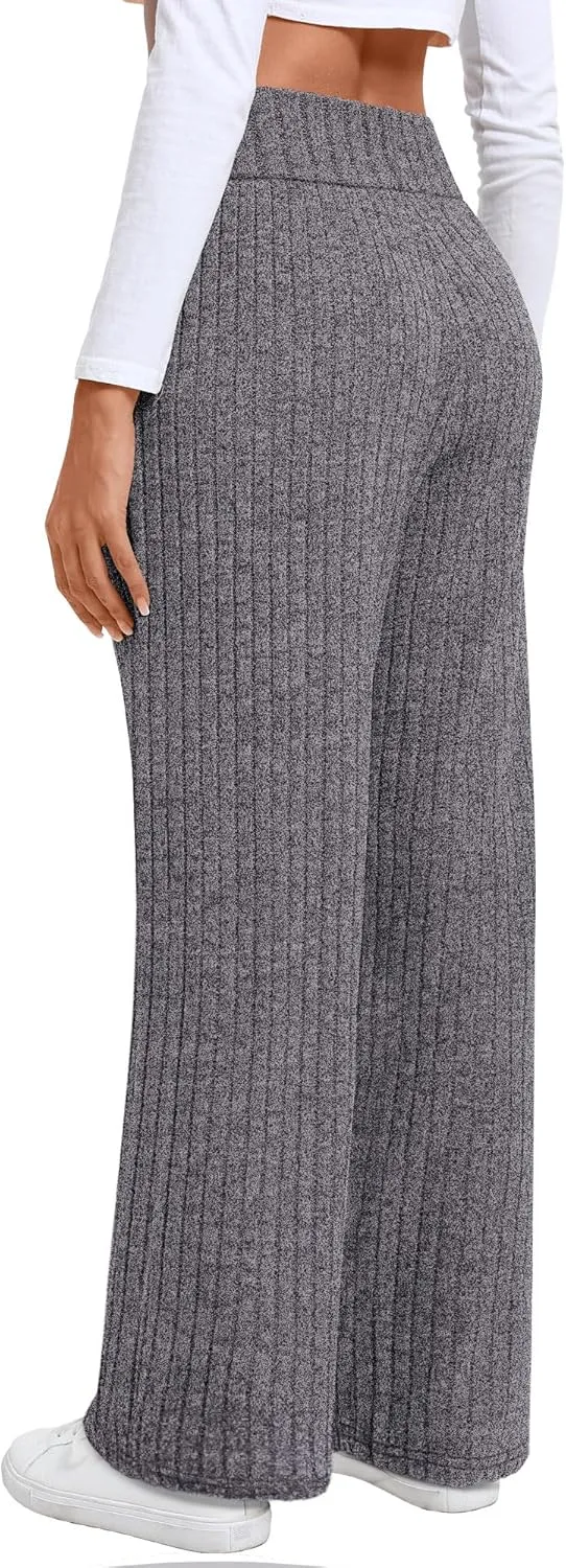 Neer Women's High Waist Wide Leg Lounge Pants Ribbed Knit Loose Trousers Flowy Comfy Thick Sweatpants with Pockets