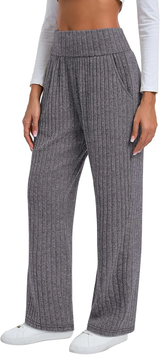 Neer Women's High Waist Wide Leg Lounge Pants Ribbed Knit Loose Trousers Flowy Comfy Thick Sweatpants with Pockets