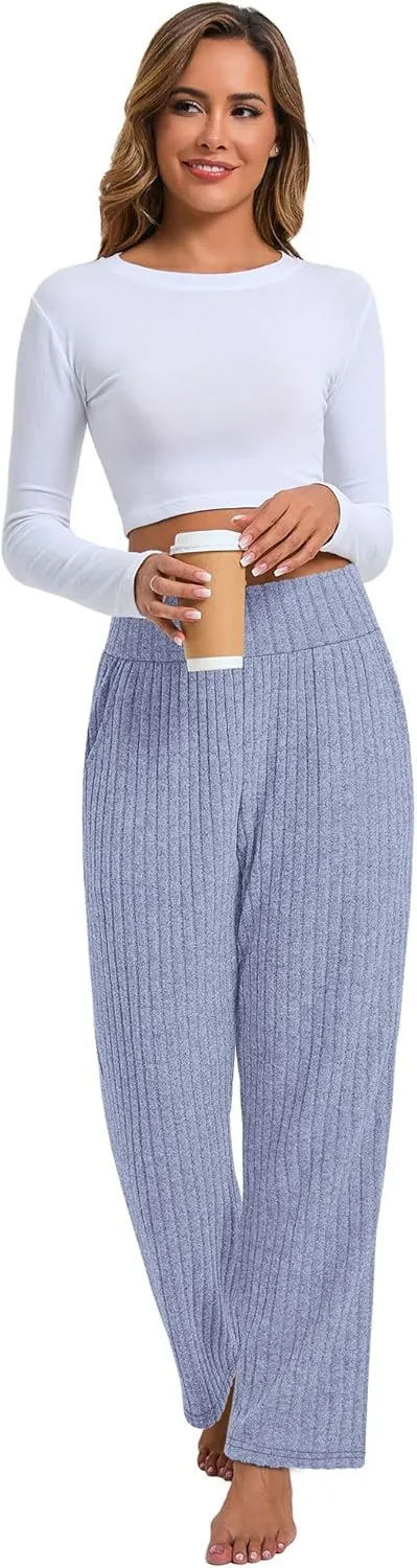 Neer Women's High Waist Wide Leg Lounge Pants Ribbed Knit Loose Trousers Flowy Comfy Thick Sweatpants with Pockets