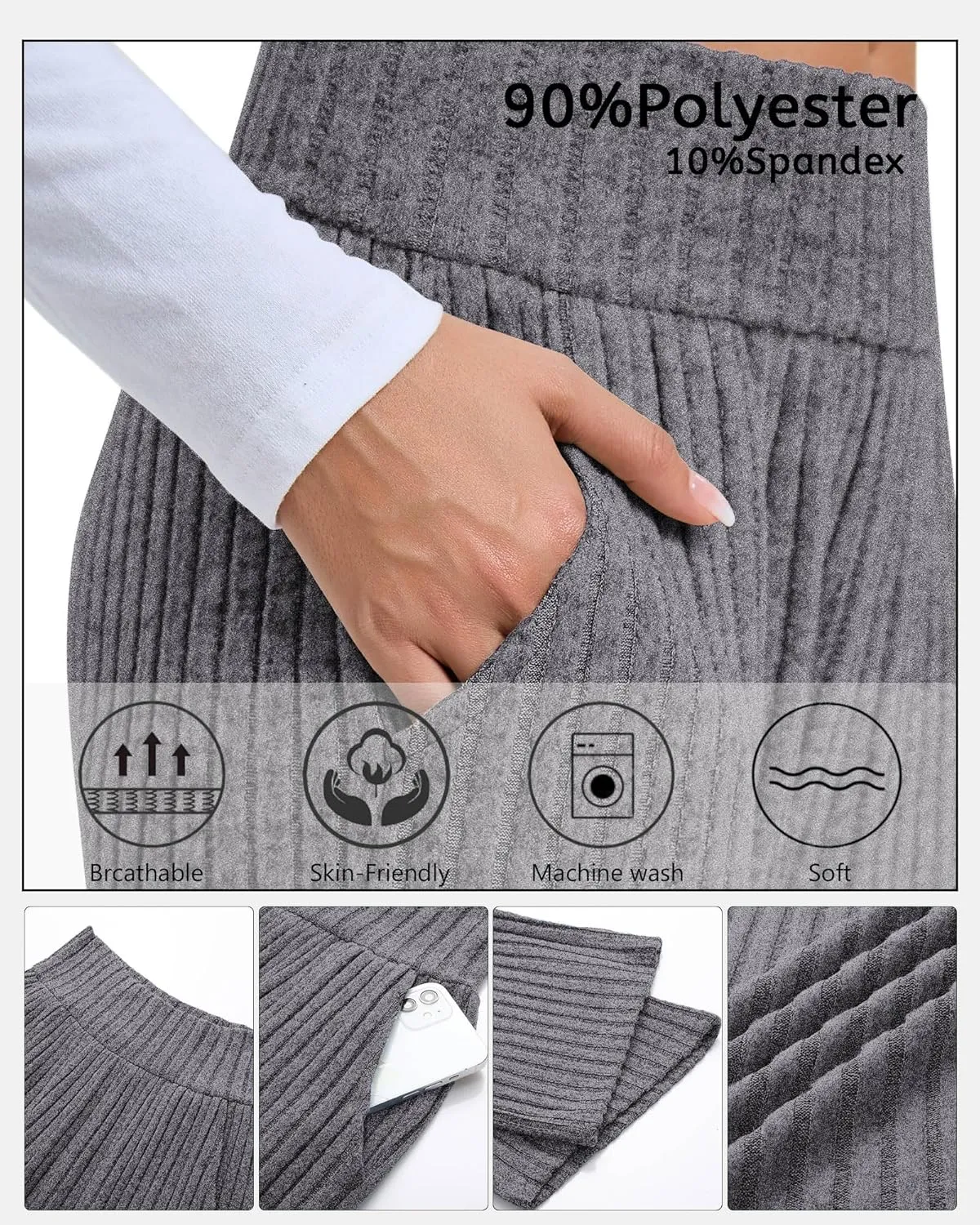 Neer Women's High Waist Wide Leg Lounge Pants Ribbed Knit Loose Trousers Flowy Comfy Thick Sweatpants with Pockets