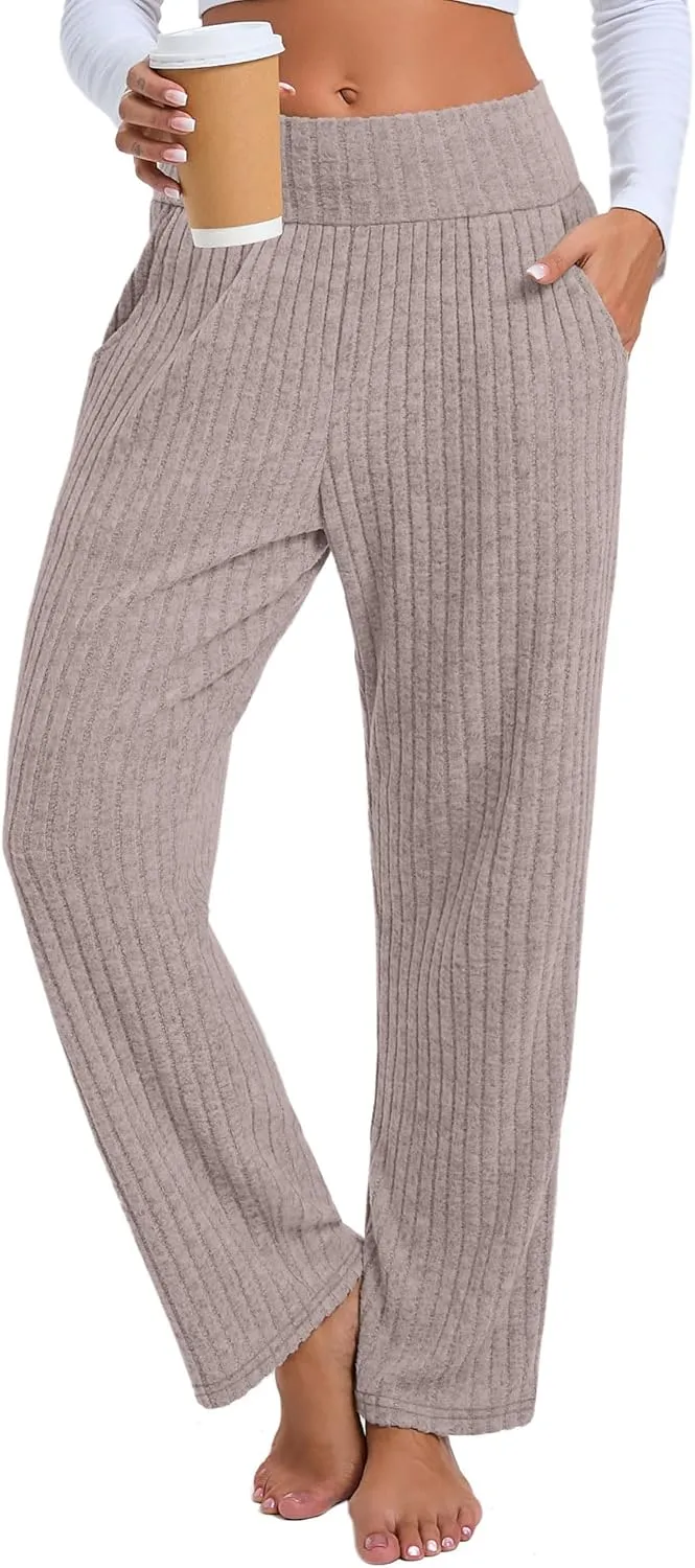 Neer Women's High Waist Wide Leg Lounge Pants Ribbed Knit Loose Trousers Flowy Comfy Thick Sweatpants with Pockets