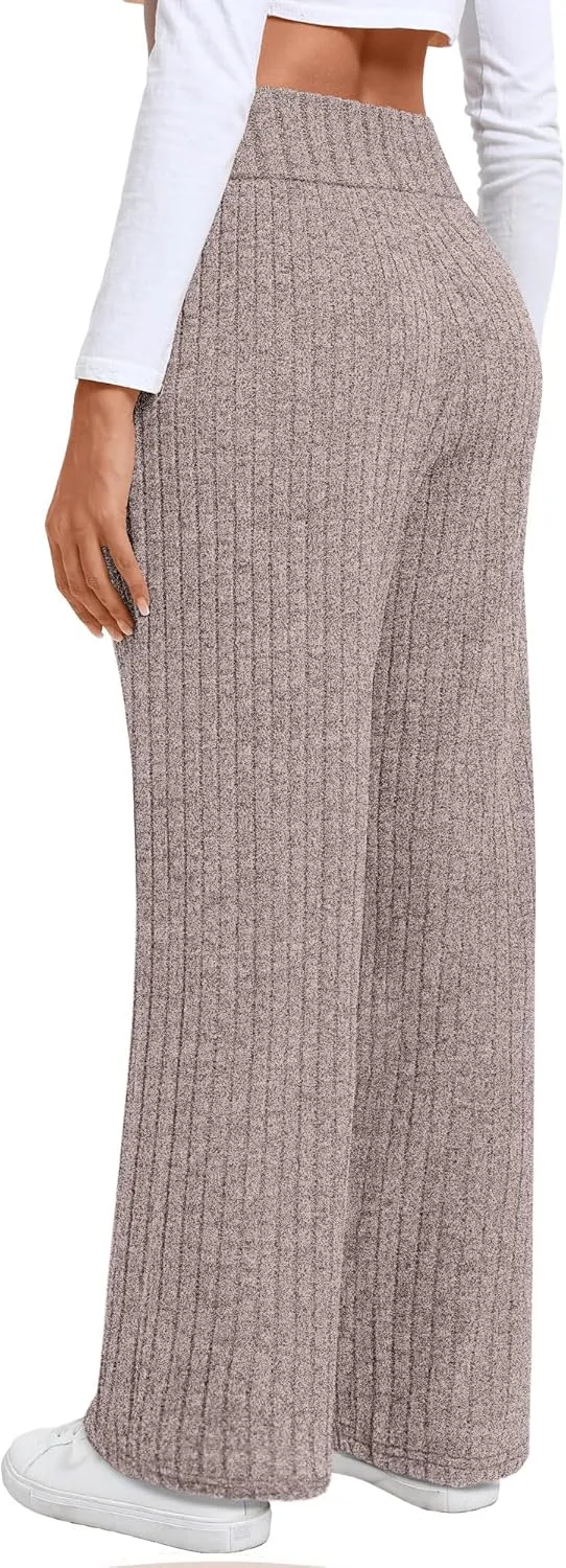 Neer Women's High Waist Wide Leg Lounge Pants Ribbed Knit Loose Trousers Flowy Comfy Thick Sweatpants with Pockets