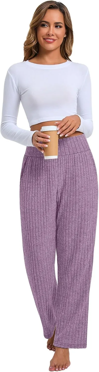 Neer Women's High Waist Wide Leg Lounge Pants Ribbed Knit Loose Trousers Flowy Comfy Thick Sweatpants with Pockets