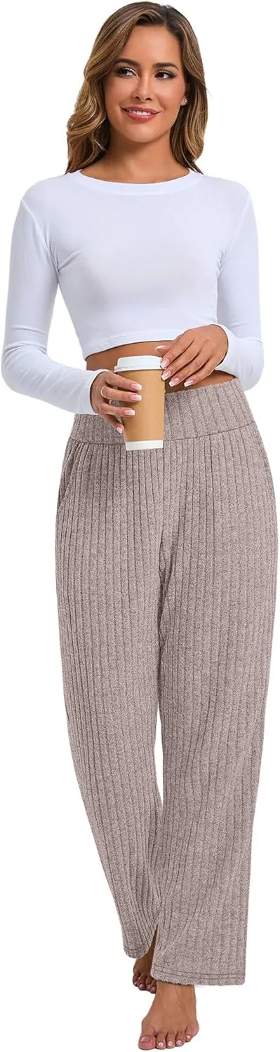 Neer Women's High Waist Wide Leg Lounge Pants Ribbed Knit Loose Trousers Flowy Comfy Thick Sweatpants with Pockets