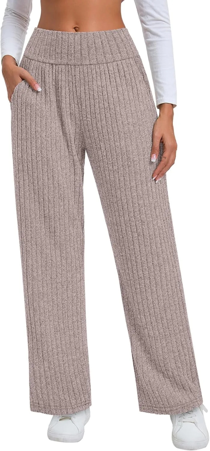 Neer Women's High Waist Wide Leg Lounge Pants Ribbed Knit Loose Trousers Flowy Comfy Thick Sweatpants with Pockets