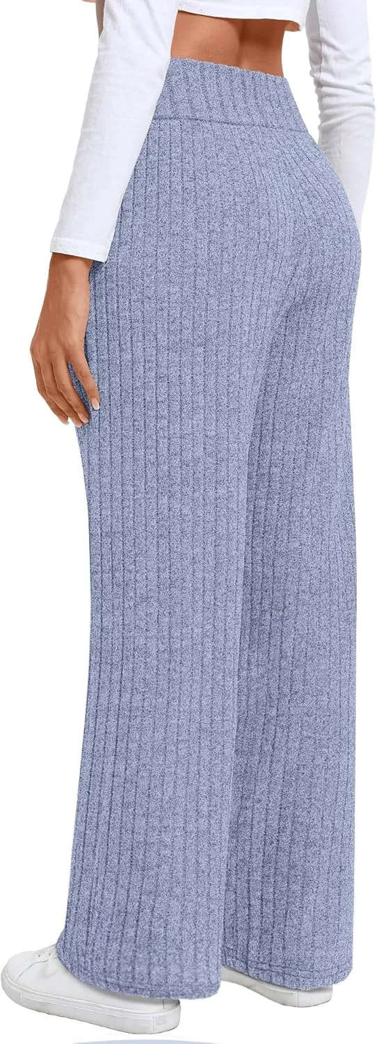 Neer Women's High Waist Wide Leg Lounge Pants Ribbed Knit Loose Trousers Flowy Comfy Thick Sweatpants with Pockets