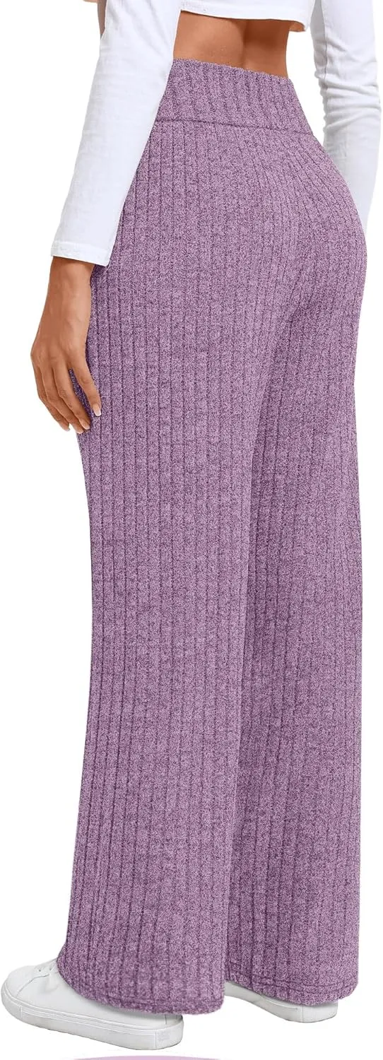 Neer Women's High Waist Wide Leg Lounge Pants Ribbed Knit Loose Trousers Flowy Comfy Thick Sweatpants with Pockets