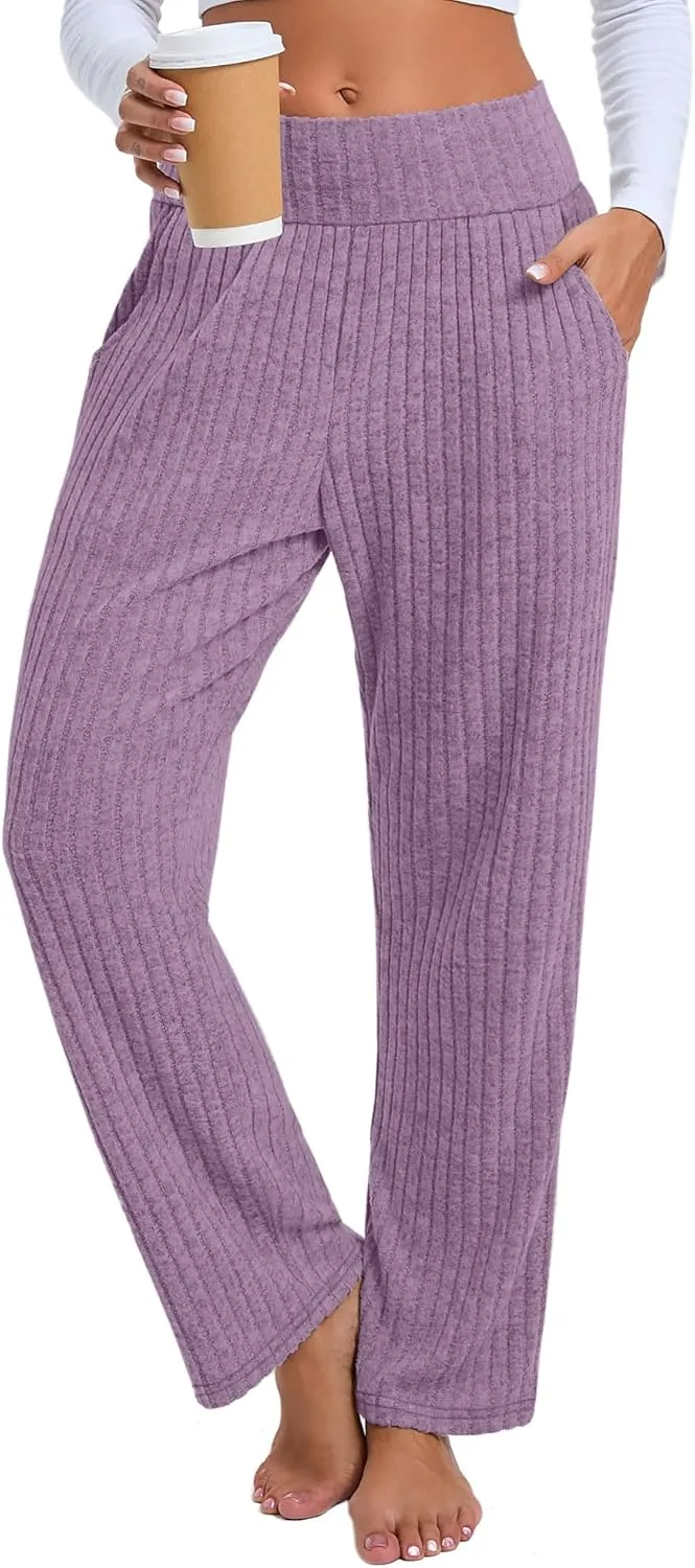 Neer Women's High Waist Wide Leg Lounge Pants Ribbed Knit Loose Trousers Flowy Comfy Thick Sweatpants with Pockets