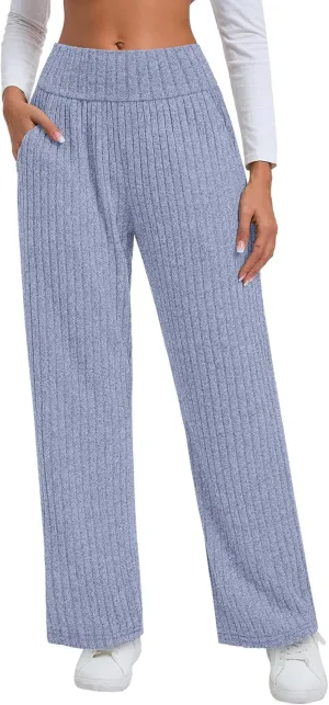 Neer Women's High Waist Wide Leg Lounge Pants Ribbed Knit Loose Trousers Flowy Comfy Thick Sweatpants with Pockets