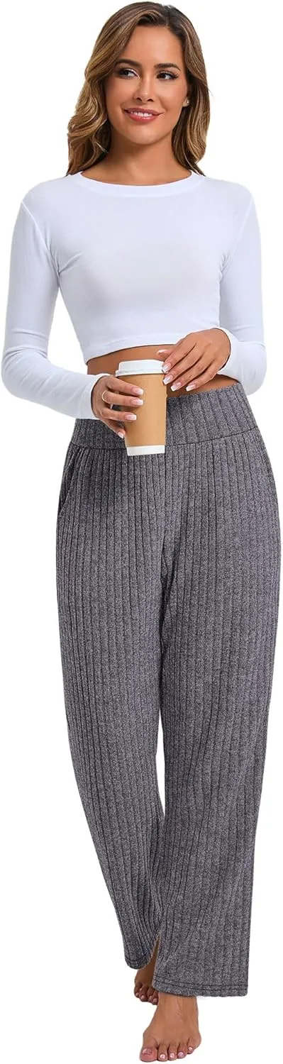 Neer Women's High Waist Wide Leg Lounge Pants Ribbed Knit Loose Trousers Flowy Comfy Thick Sweatpants with Pockets