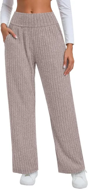 Neer Women's High Waist Wide Leg Lounge Pants Ribbed Knit Loose Trousers Flowy Comfy Thick Sweatpants with Pockets