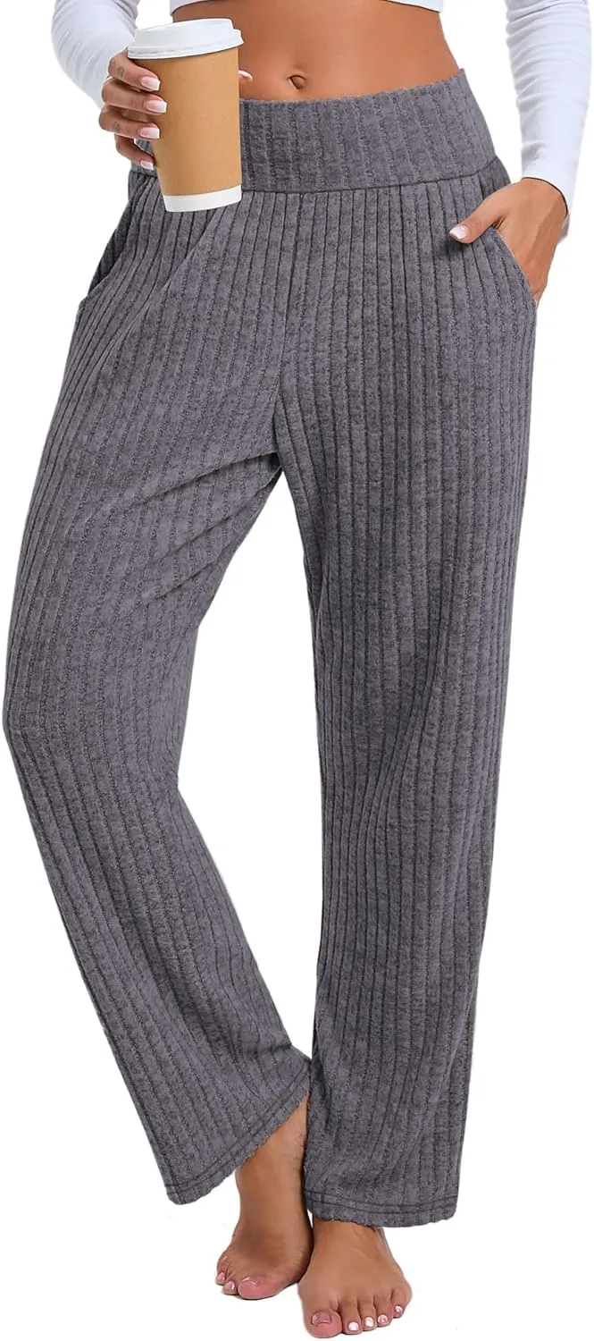Neer Women's High Waist Wide Leg Lounge Pants Ribbed Knit Loose Trousers Flowy Comfy Thick Sweatpants with Pockets