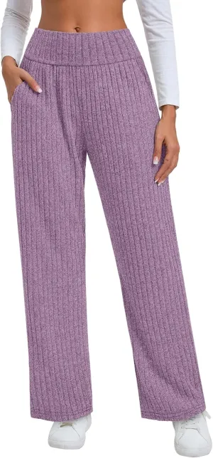Neer Women's High Waist Wide Leg Lounge Pants Ribbed Knit Loose Trousers Flowy Comfy Thick Sweatpants with Pockets