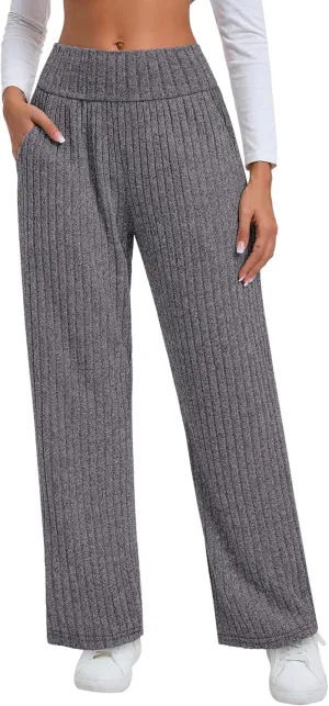 Neer Women's High Waist Wide Leg Lounge Pants Ribbed Knit Loose Trousers Flowy Comfy Thick Sweatpants with Pockets