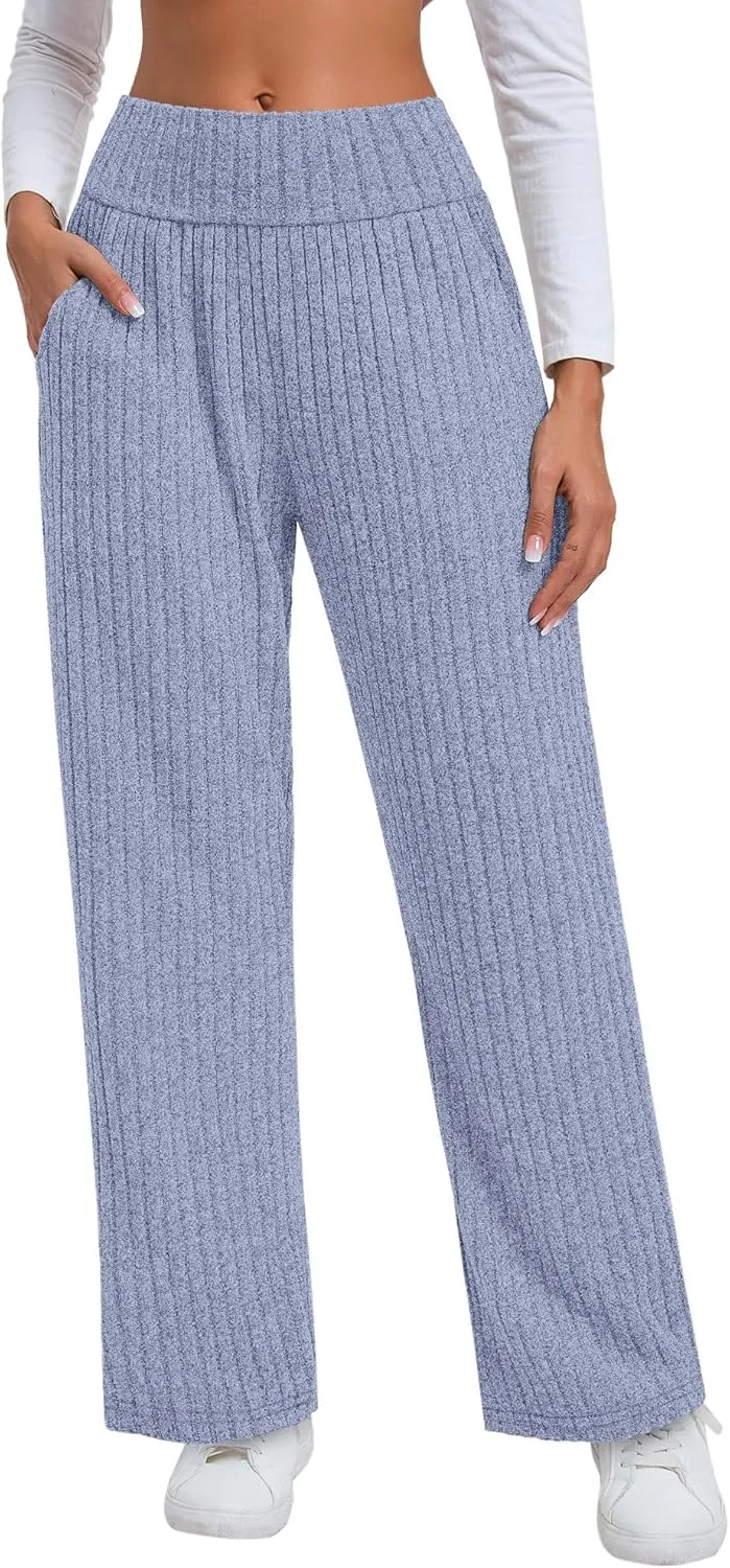 Neer Women's High Waist Wide Leg Lounge Pants Ribbed Knit Loose Trousers Flowy Comfy Thick Sweatpants with Pockets