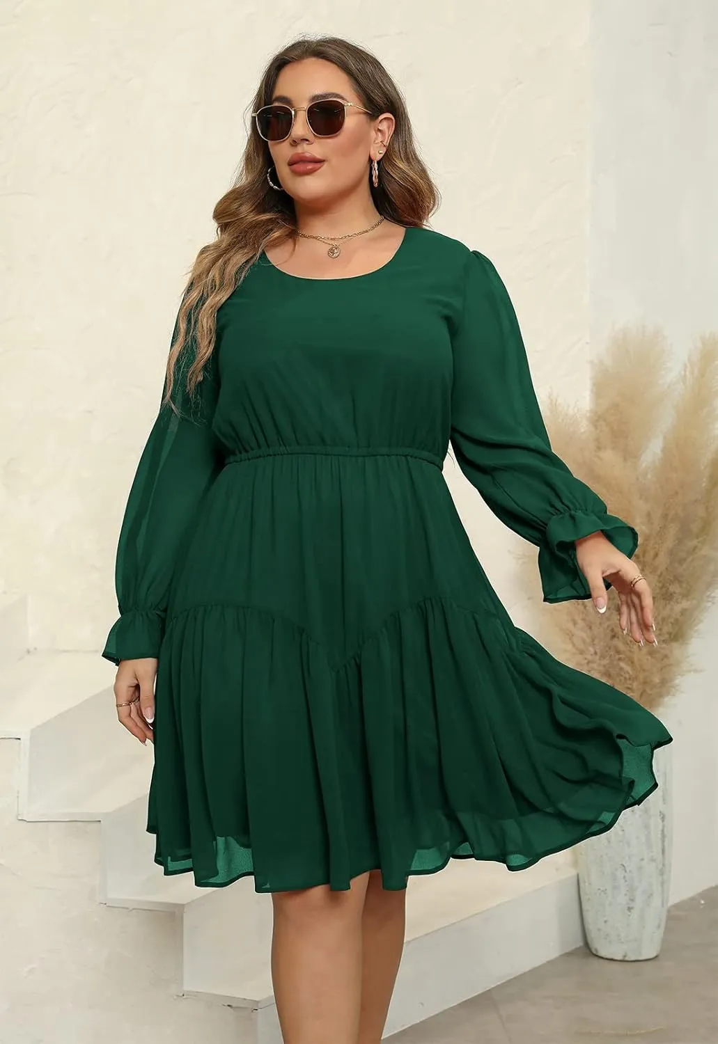 Nemidor Womens Casual Plus Size Long Lantern Sleeve Boho Chiffon Print Midi Skater Dress NEM320