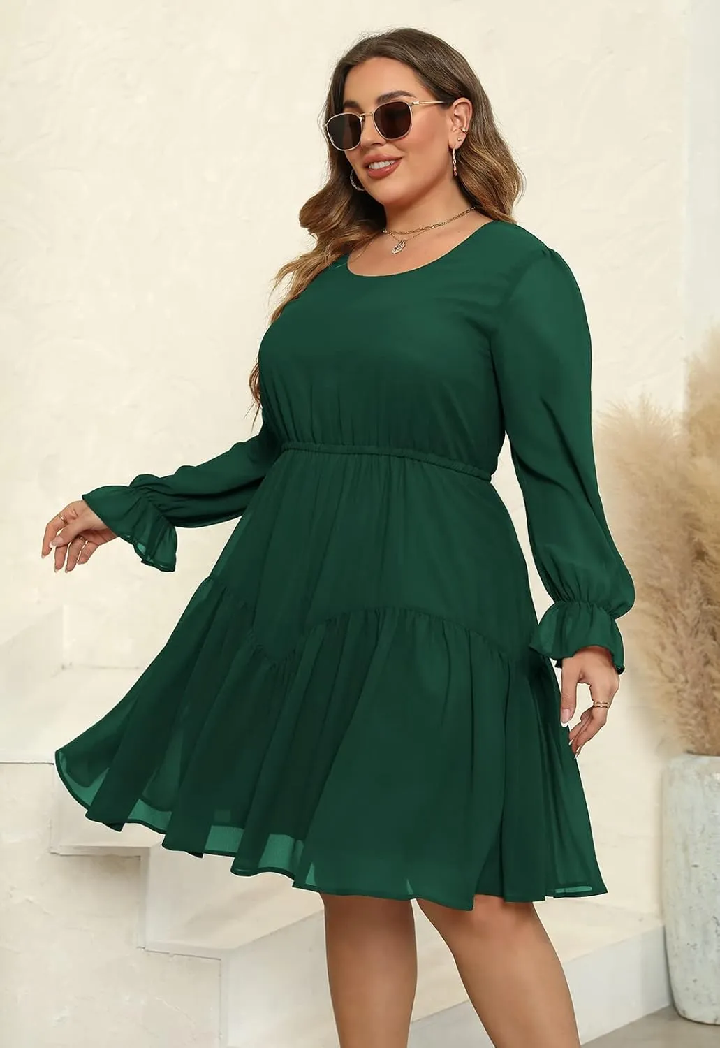 Nemidor Womens Casual Plus Size Long Lantern Sleeve Boho Chiffon Print Midi Skater Dress NEM320