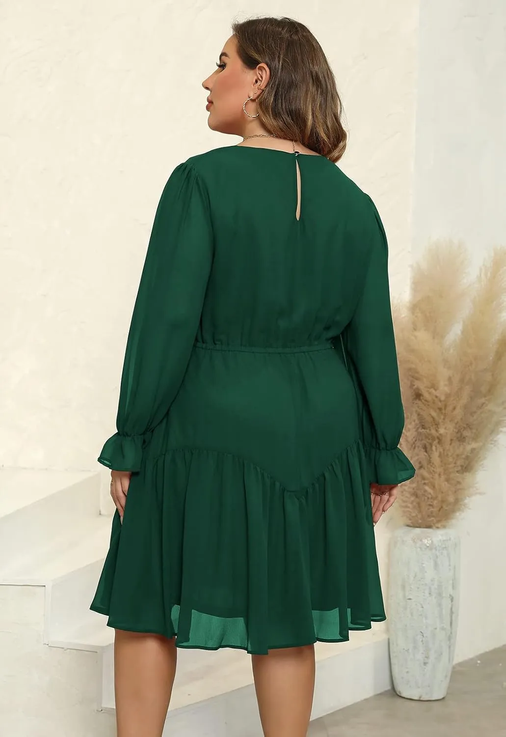 Nemidor Womens Casual Plus Size Long Lantern Sleeve Boho Chiffon Print Midi Skater Dress NEM320