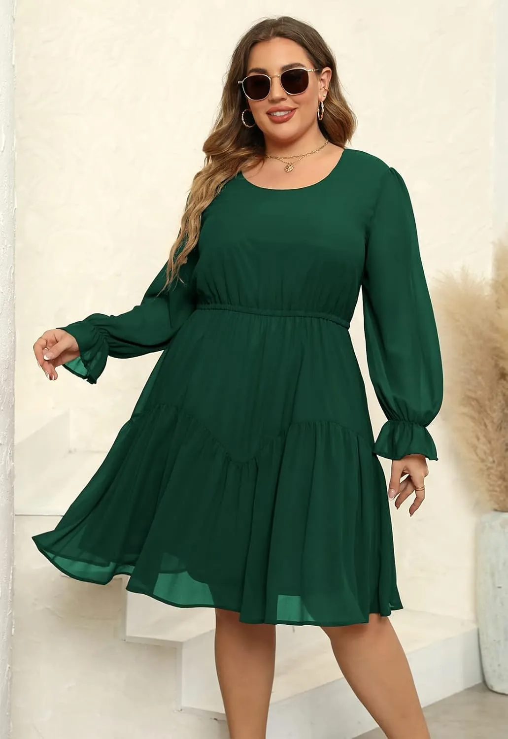 Nemidor Womens Casual Plus Size Long Lantern Sleeve Boho Chiffon Print Midi Skater Dress NEM320