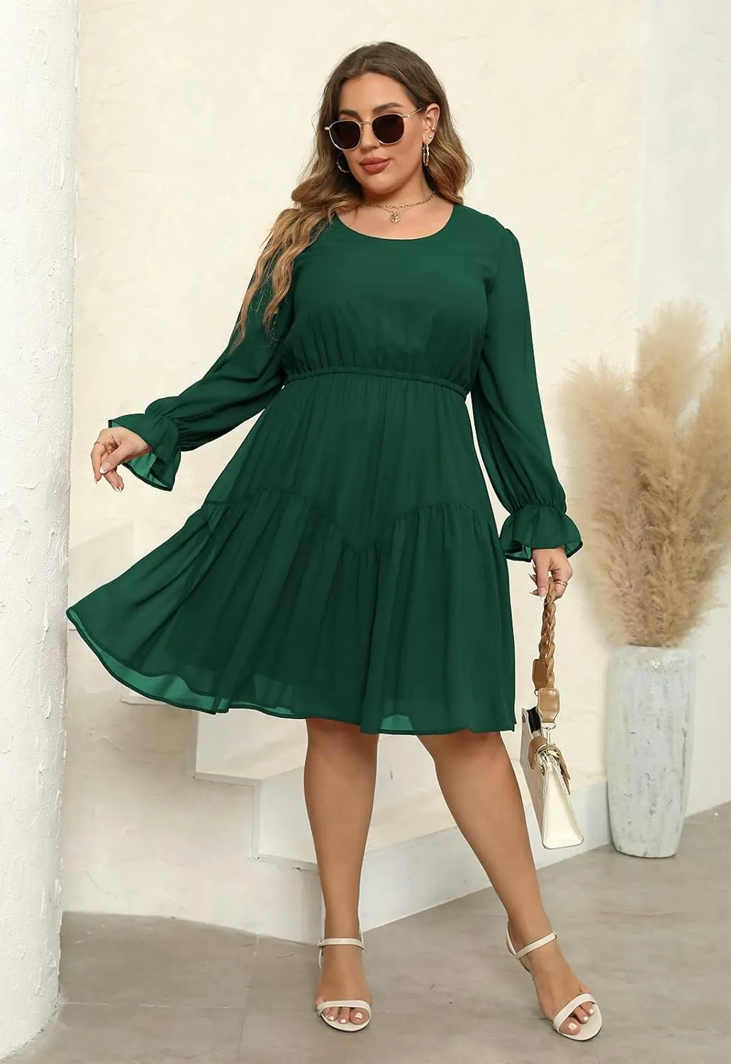 Nemidor Womens Casual Plus Size Long Lantern Sleeve Boho Chiffon Print Midi Skater Dress NEM320