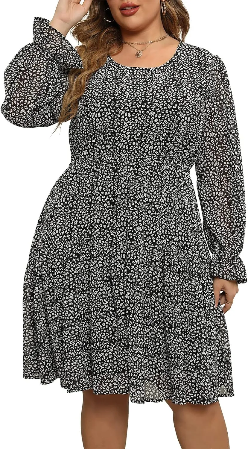 Nemidor Womens Casual Plus Size Long Lantern Sleeve Boho Chiffon Print Midi Skater Dress NEM320