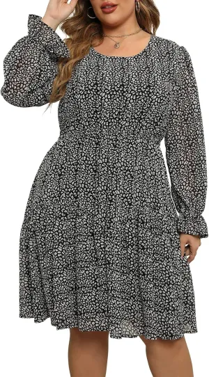 Nemidor Womens Casual Plus Size Long Lantern Sleeve Boho Chiffon Print Midi Skater Dress NEM320