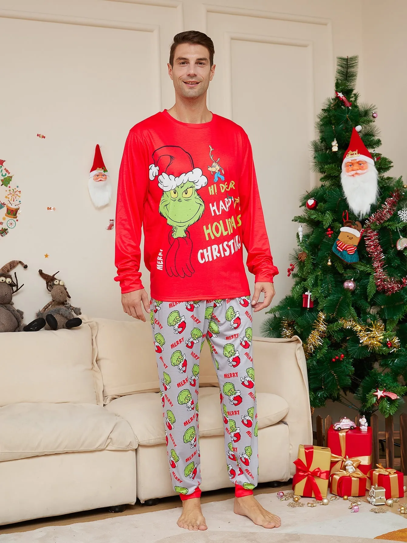 New Christmas family pajamas set with cartoon letter pattern