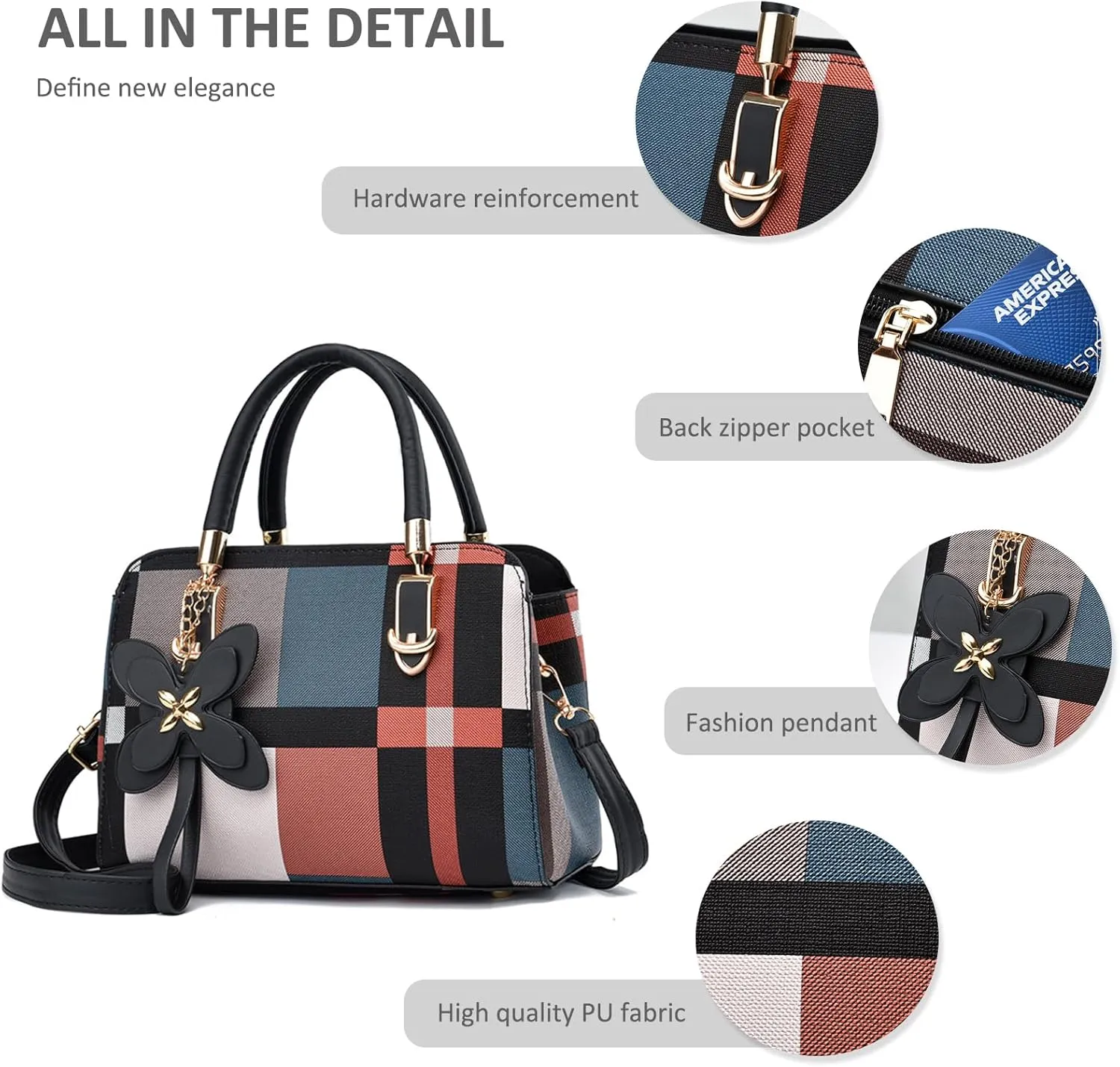 NICOLE & DORIS Fashion Handbags Women Plaid Shoulder Bags Crossbody Bag PU Leather Satchel Bag with Pendant