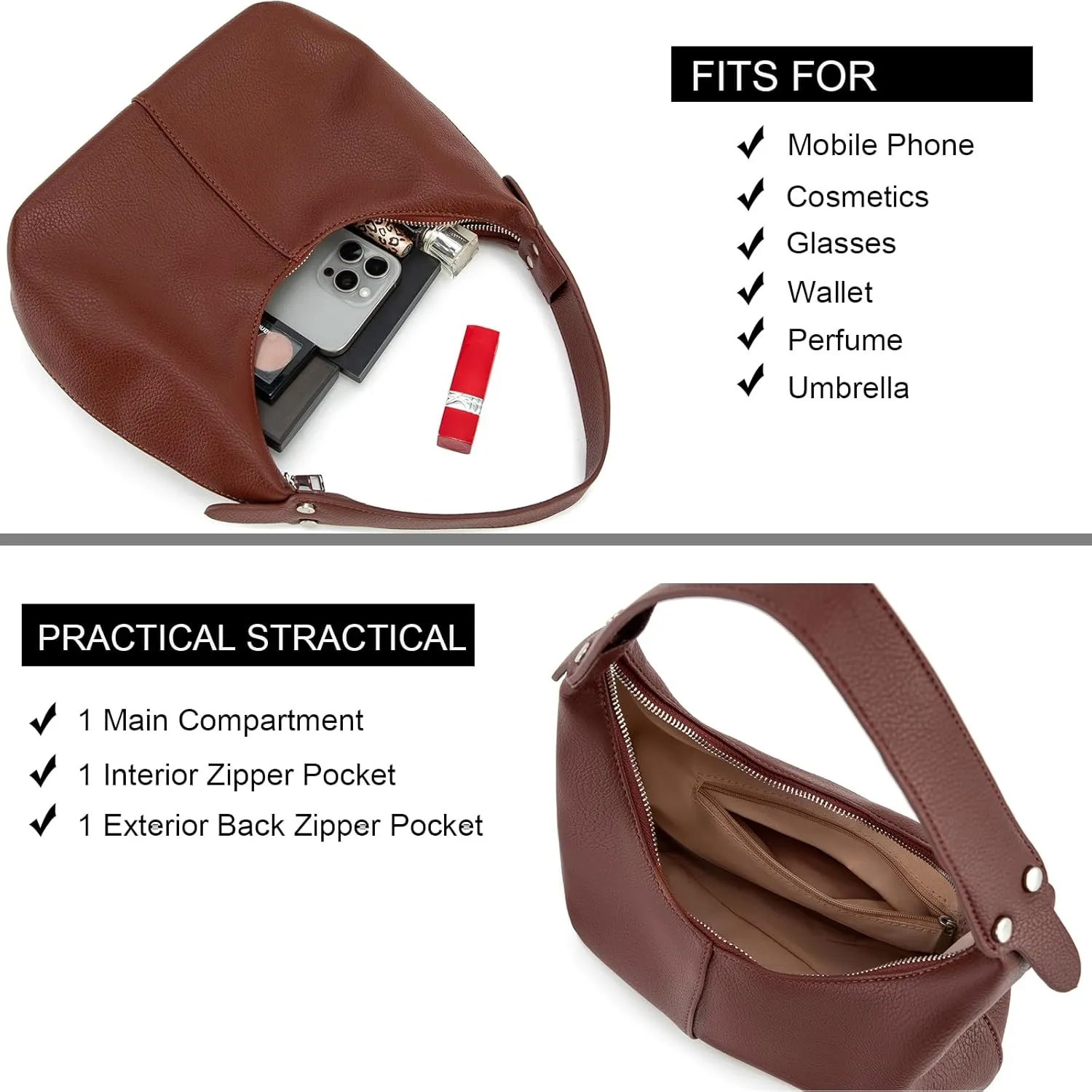 NIUEIMEE ZHOU Crescent Shoulder Bags for Women Vegan Leather Hobo Handbag Slouchy Tote Purses