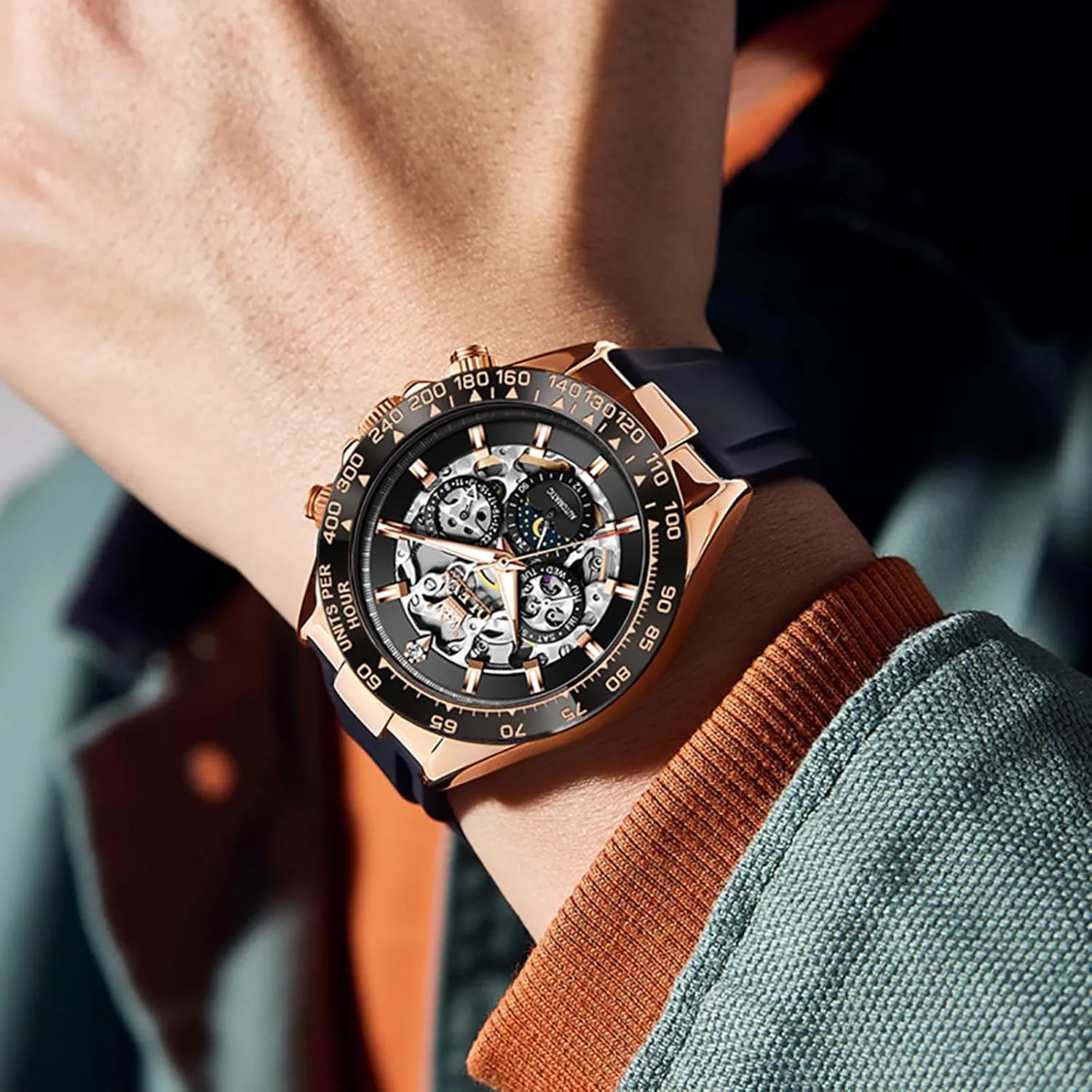 OLEVS Automatic Watches for Men Skeleton Self Winding Watch Stainless Steel Silicone Waterproof Luminous Diamond Six-Hand Moon Phase Mechanical Wirst Watch