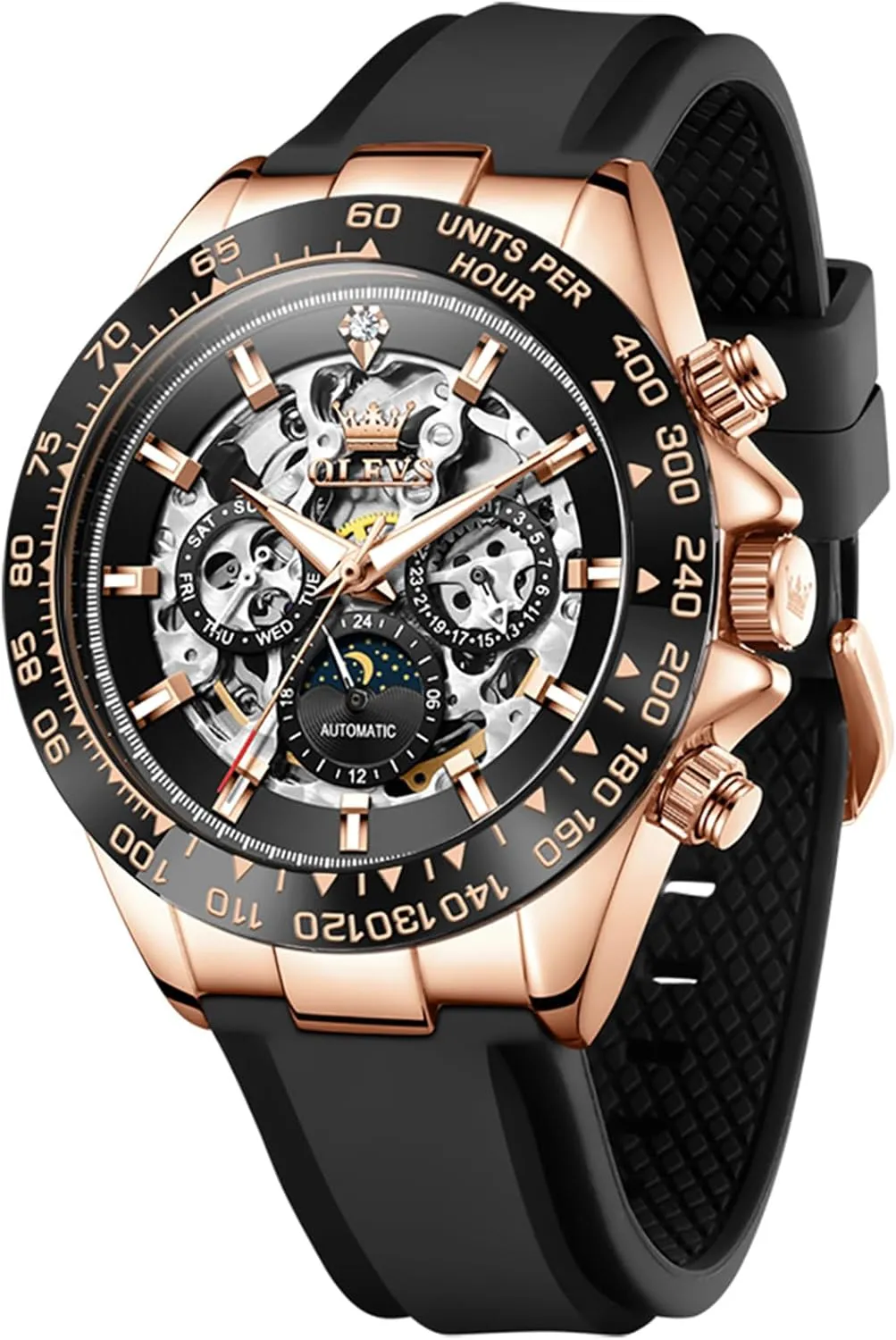 OLEVS Automatic Watches for Men Skeleton Self Winding Watch Stainless Steel Silicone Waterproof Luminous Diamond Six-Hand Moon Phase Mechanical Wirst Watch