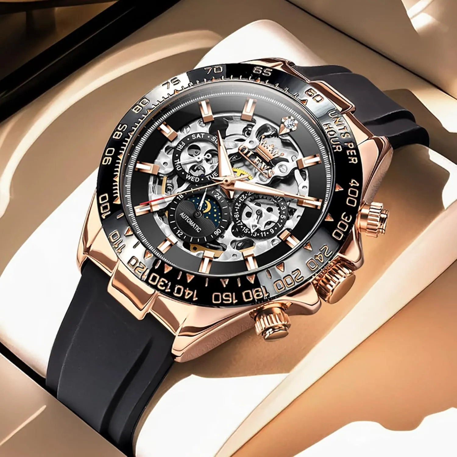 OLEVS Automatic Watches for Men Skeleton Self Winding Watch Stainless Steel Silicone Waterproof Luminous Diamond Six-Hand Moon Phase Mechanical Wirst Watch