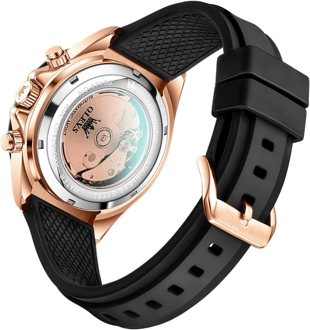 OLEVS Automatic Watches for Men Skeleton Self Winding Watch Stainless Steel Silicone Waterproof Luminous Diamond Six-Hand Moon Phase Mechanical Wirst Watch