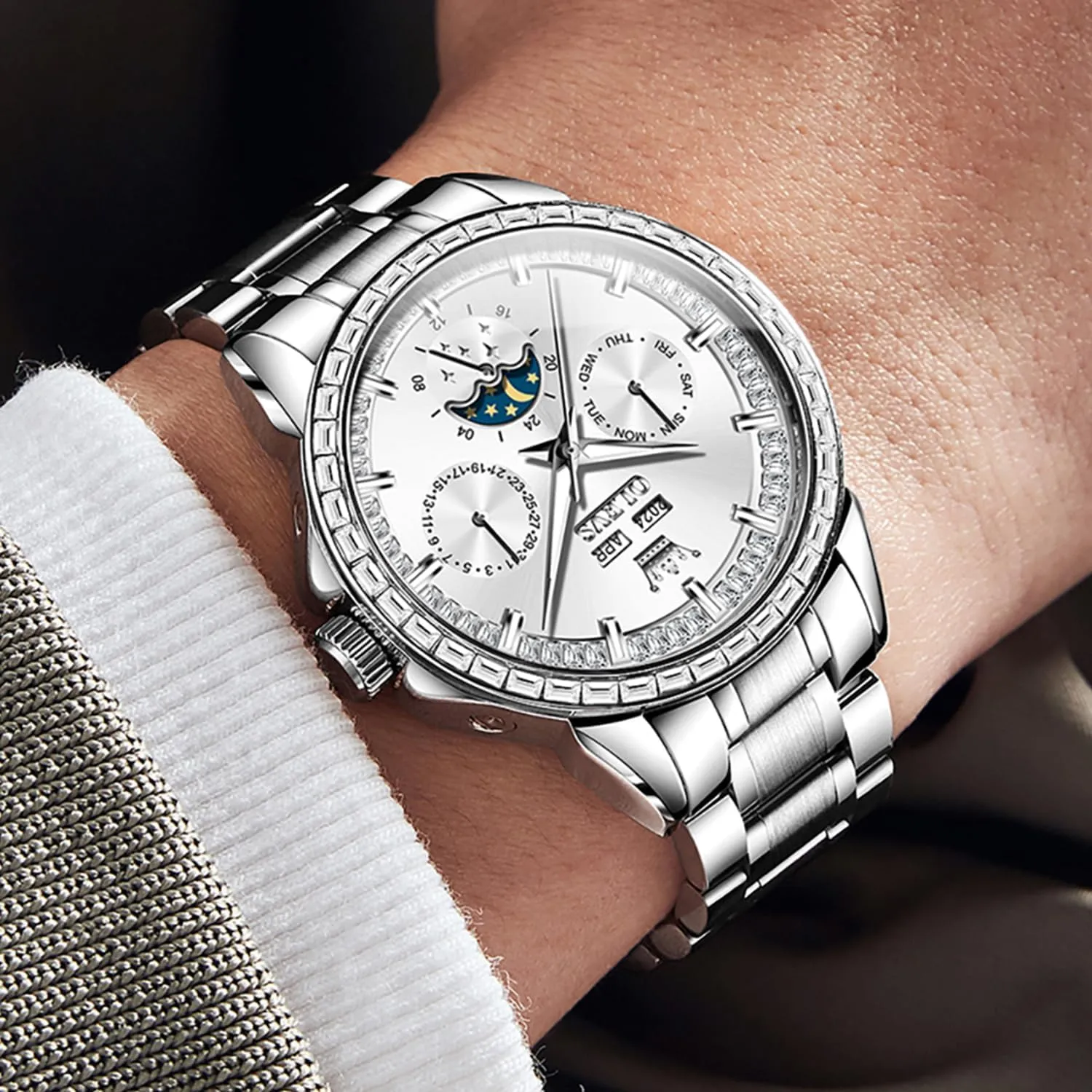 OLEVS Mens Automatic Watch 42MM Diamond Large Dial with Multi-Function Perpetual Calendar Tourbillon Mechanical Winding Watch Stainless Steel 30M Waterproof Luminous Rose Gold Watches Gift