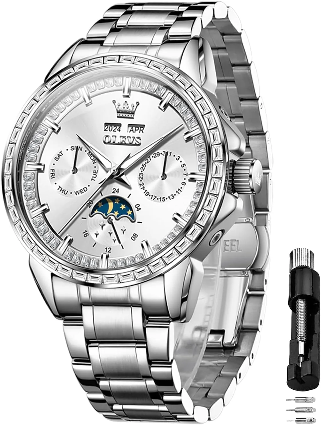 OLEVS Mens Automatic Watch 42MM Diamond Large Dial with Multi-Function Perpetual Calendar Tourbillon Mechanical Winding Watch Stainless Steel 30M Waterproof Luminous Rose Gold Watches Gift