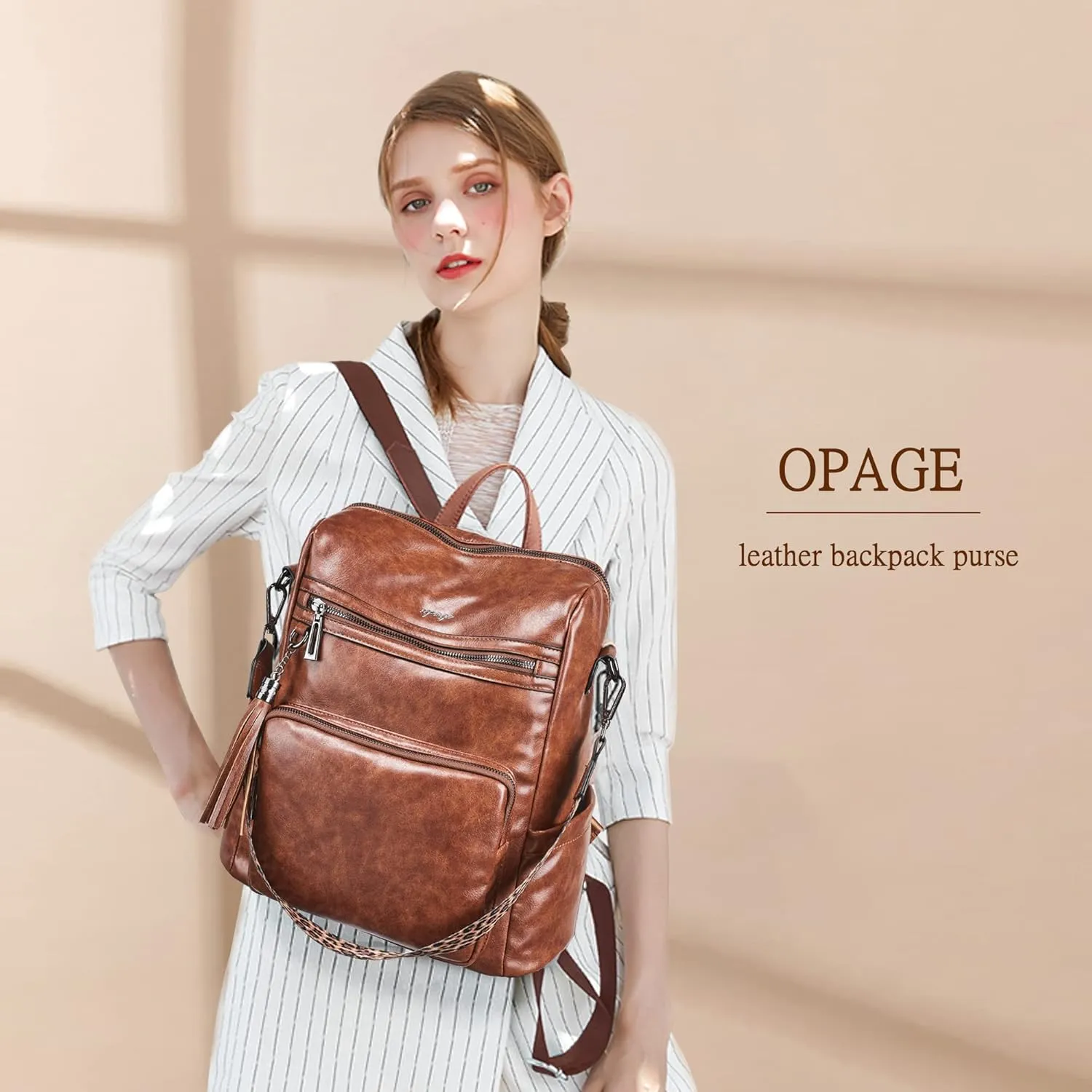 OPAGE Leather Backpack Purse for Women Fashion Tassel Ladies Shoulder Bags Designer Large Backpack Travel Bag