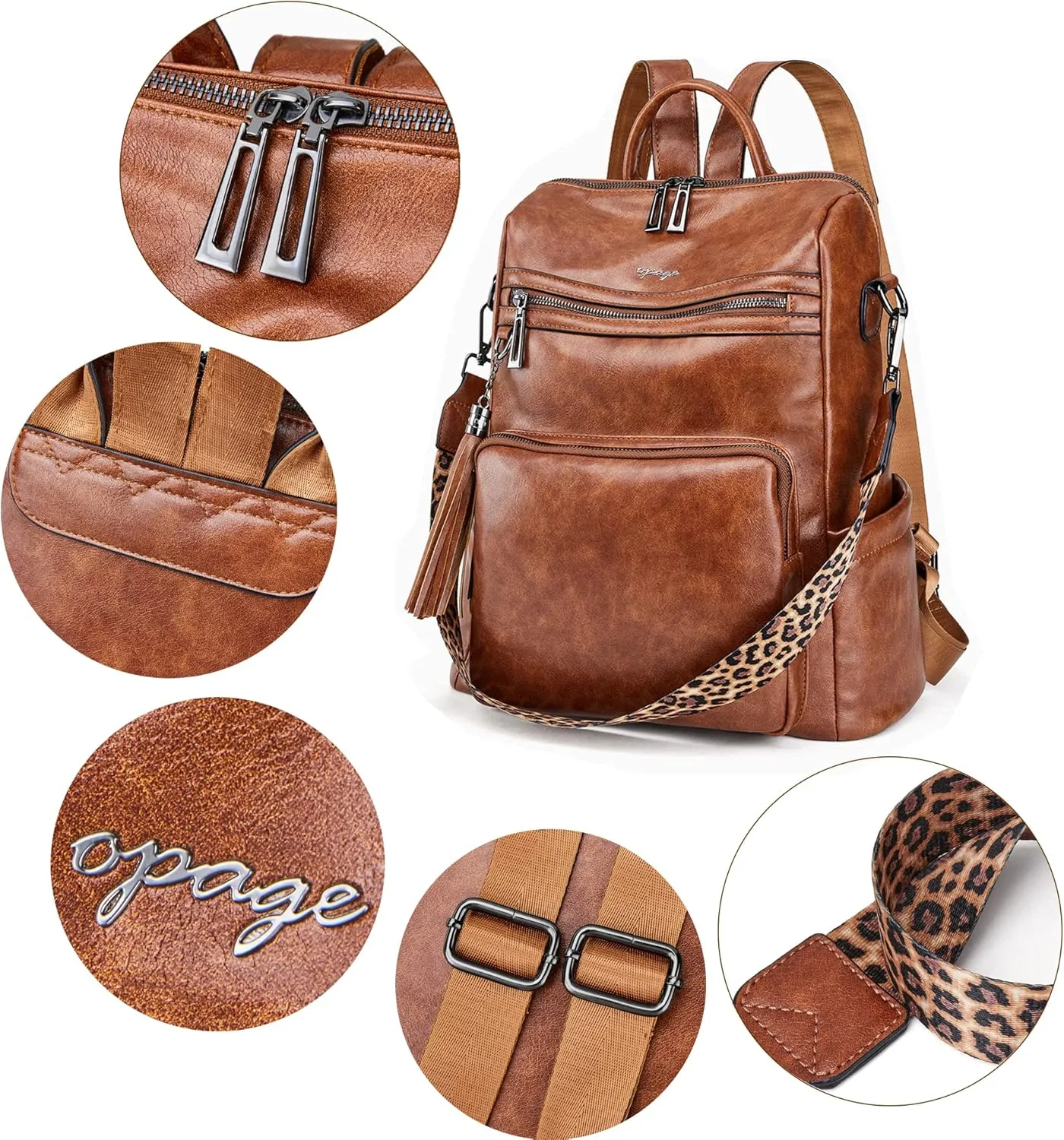 OPAGE Leather Backpack Purse for Women Fashion Tassel Ladies Shoulder Bags Designer Large Backpack Travel Bag
