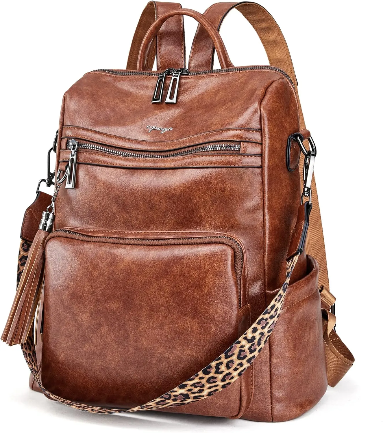 OPAGE Leather Backpack Purse for Women Fashion Tassel Ladies Shoulder Bags Designer Large Backpack Travel Bag