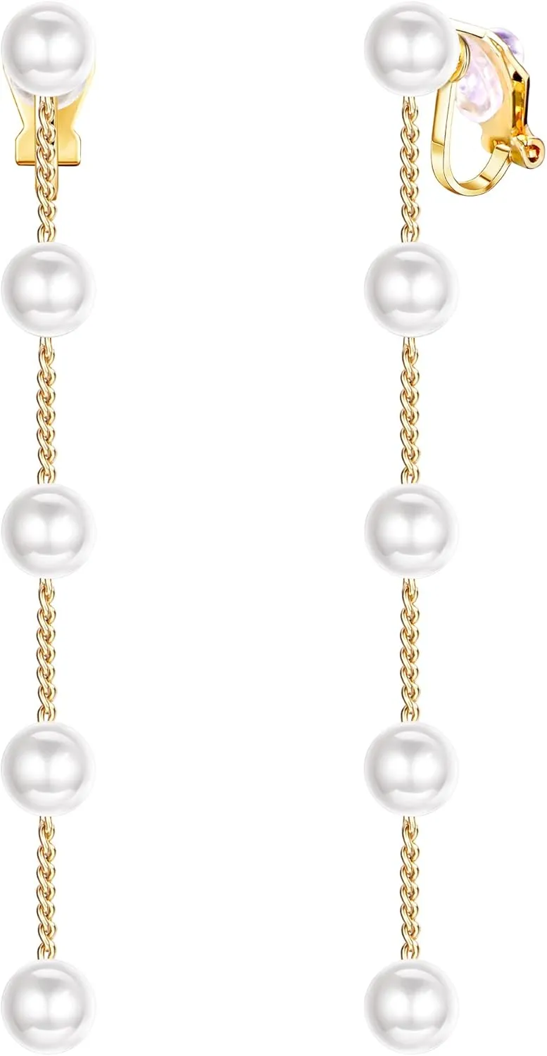 ORAZIO Clip On Earrings,Pearl Clip on Earrings for Women Long Pearl Drop Dangle Earrings,Lightweight Bow Heart CZ Clip On Hoop Earrings - Statement Fake Earrings Ear Clips Jewelry for Wedding Bridal