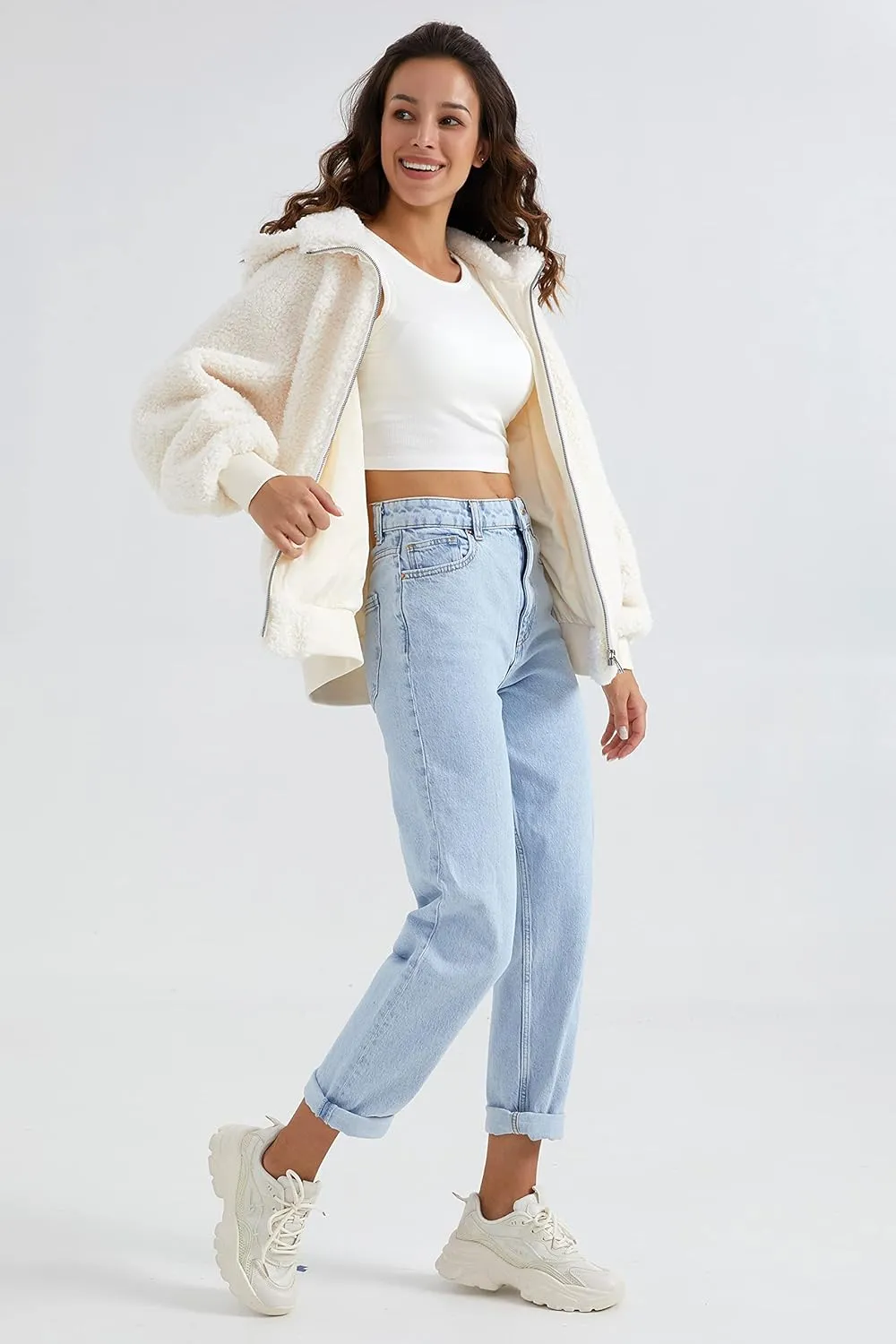 Orolay Women's Sherpa Fleece Jacket Oversized Full-Zip Hoodie Outwear Coat