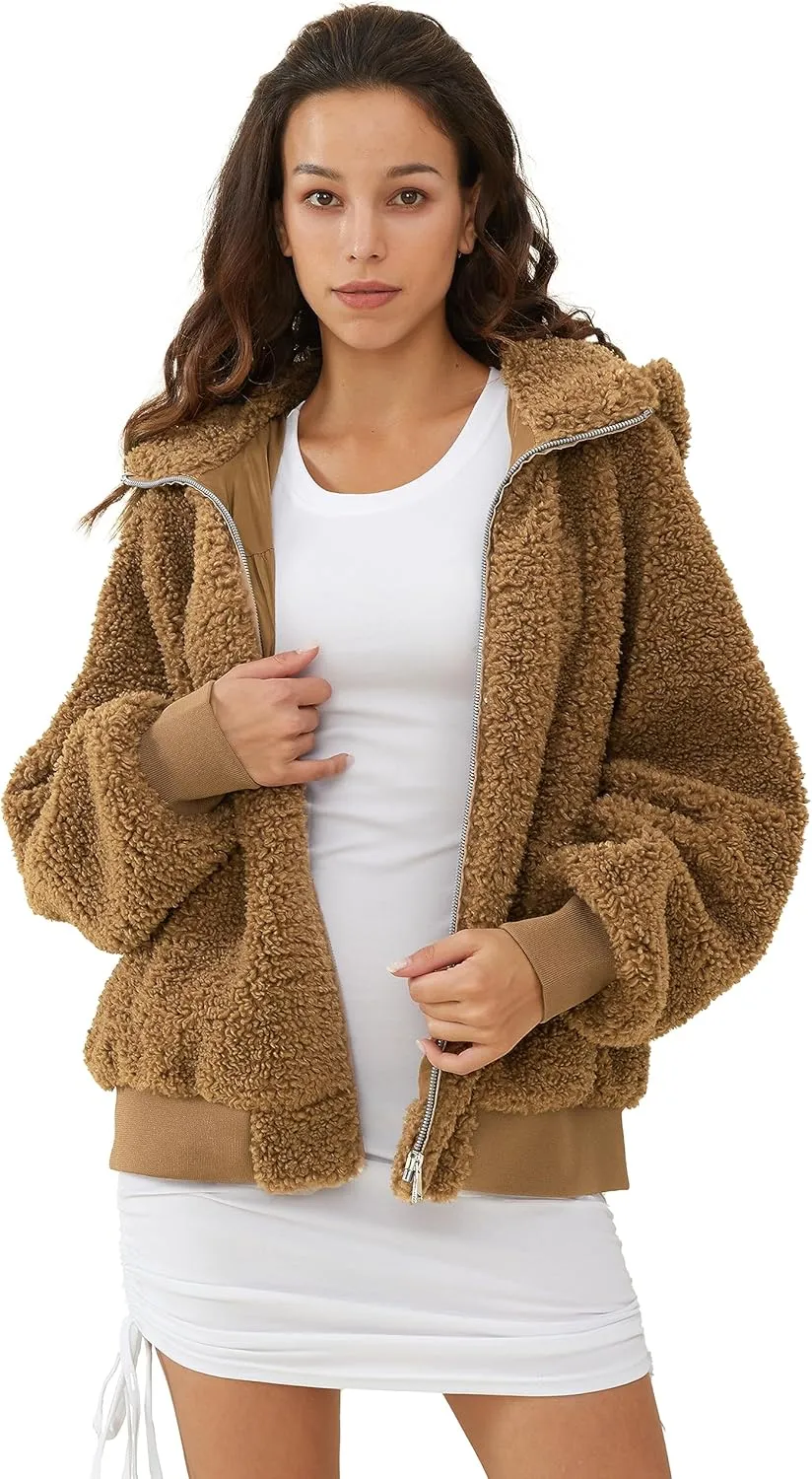Orolay Women's Sherpa Fleece Jacket Oversized Full-Zip Hoodie Outwear Coat