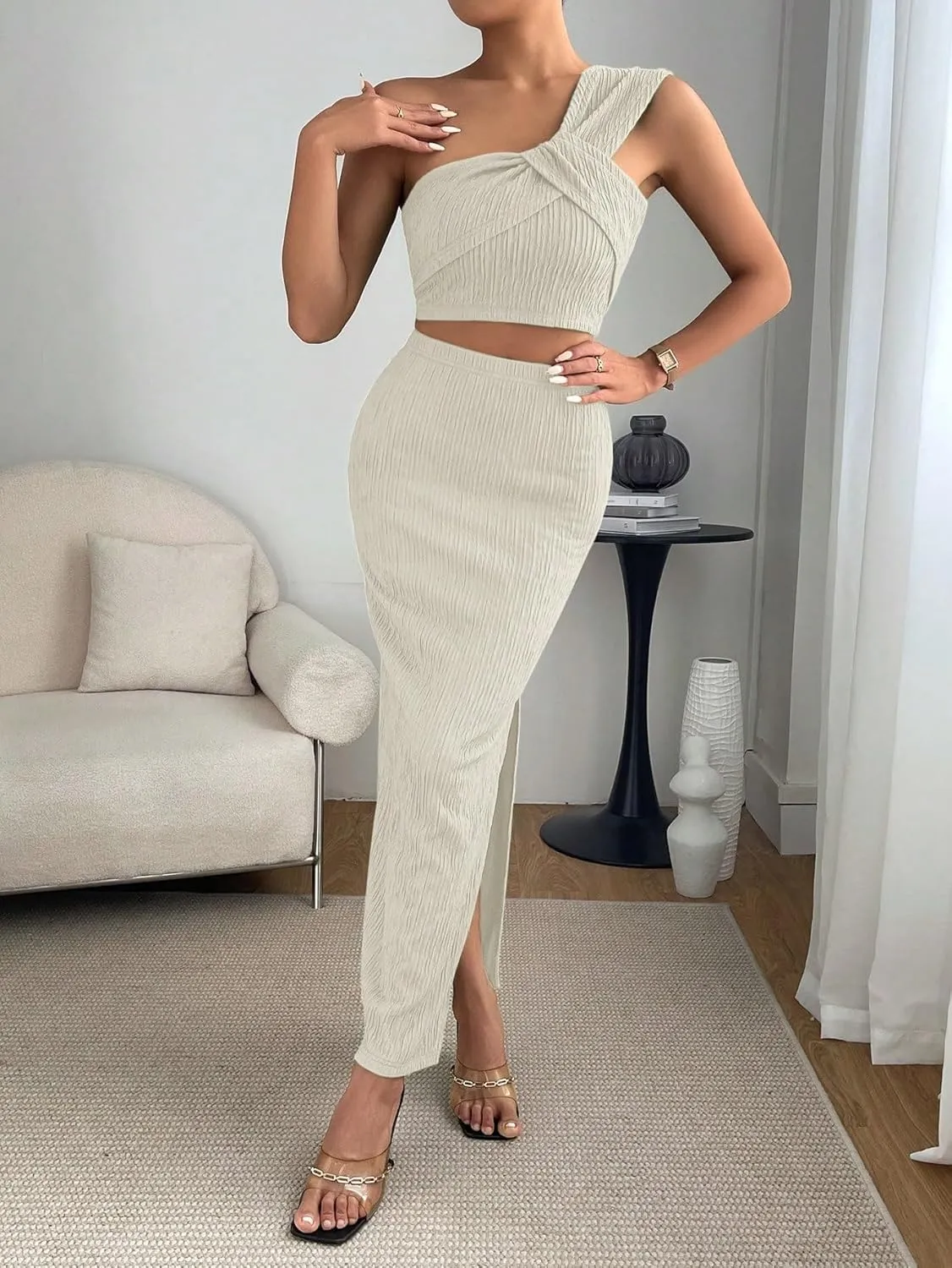 OYOANGLE Women's 2 Piece Outfits Textured One Shoulder Crop Top and Split Thigh Bodycon Maxi Skirts Set