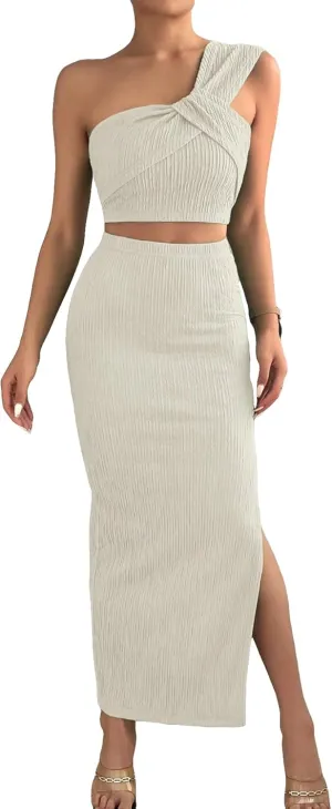 OYOANGLE Women's 2 Piece Outfits Textured One Shoulder Crop Top and Split Thigh Bodycon Maxi Skirts Set