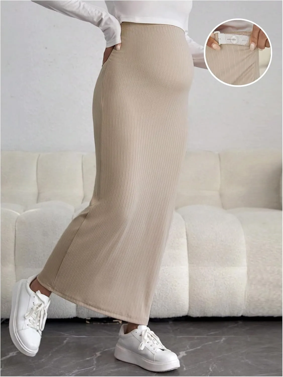OYOANGLE Women's Maternity High Waist Long Maxi Skirt Casual Solid Adjustable Skirts