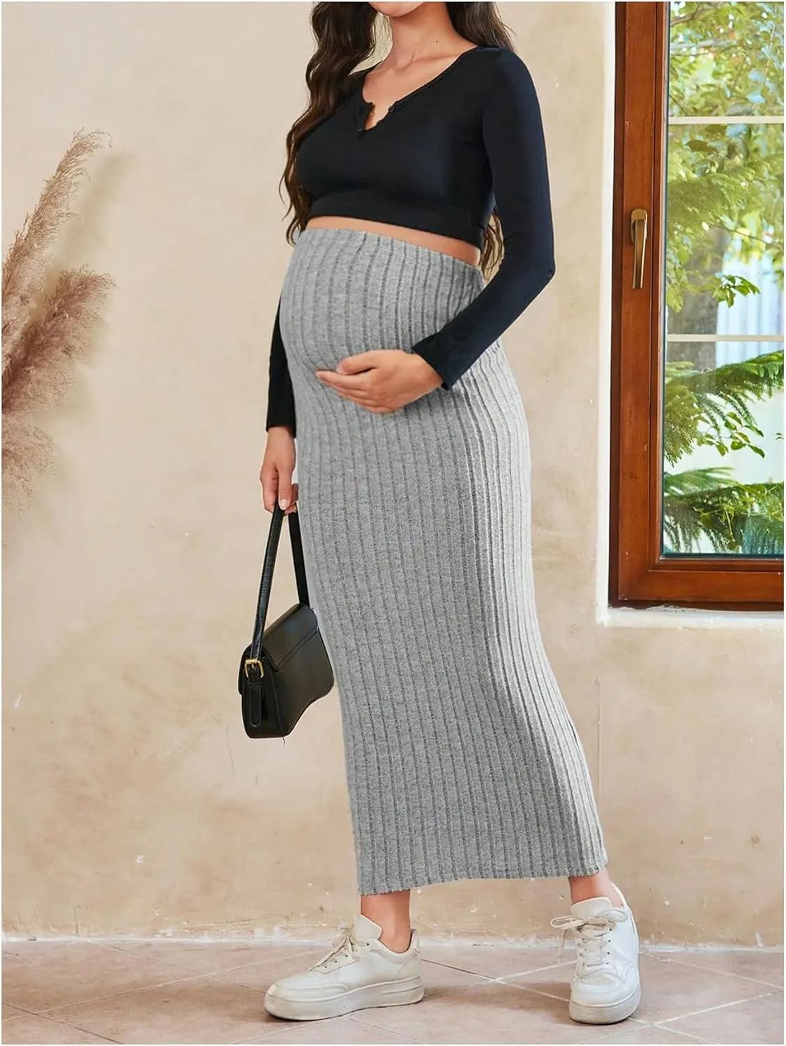 OYOANGLE Women's Maternity High Waist Long Maxi Skirt Casual Solid Adjustable Skirts