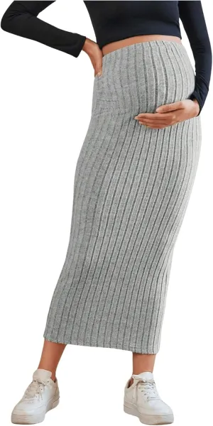 OYOANGLE Women's Maternity High Waist Long Maxi Skirt Casual Solid Adjustable Skirts