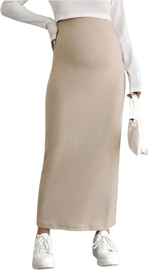 OYOANGLE Women's Maternity High Waist Long Maxi Skirt Casual Solid Adjustable Skirts