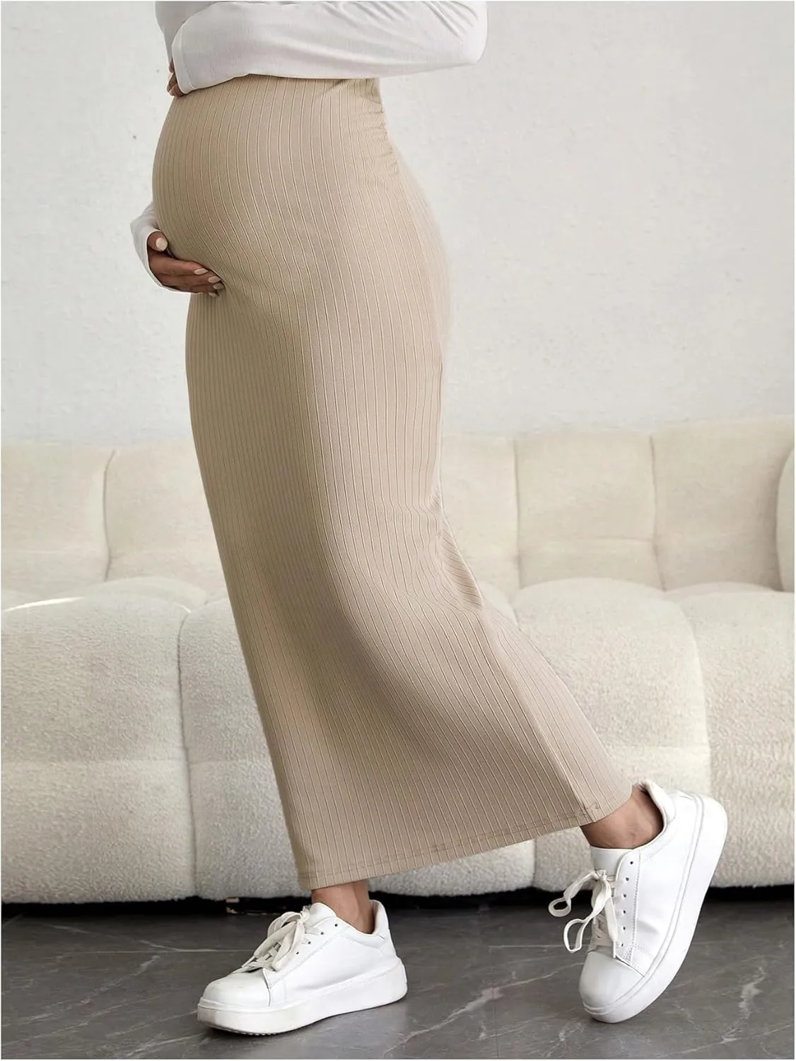 OYOANGLE Women's Maternity High Waist Long Maxi Skirt Casual Solid Adjustable Skirts