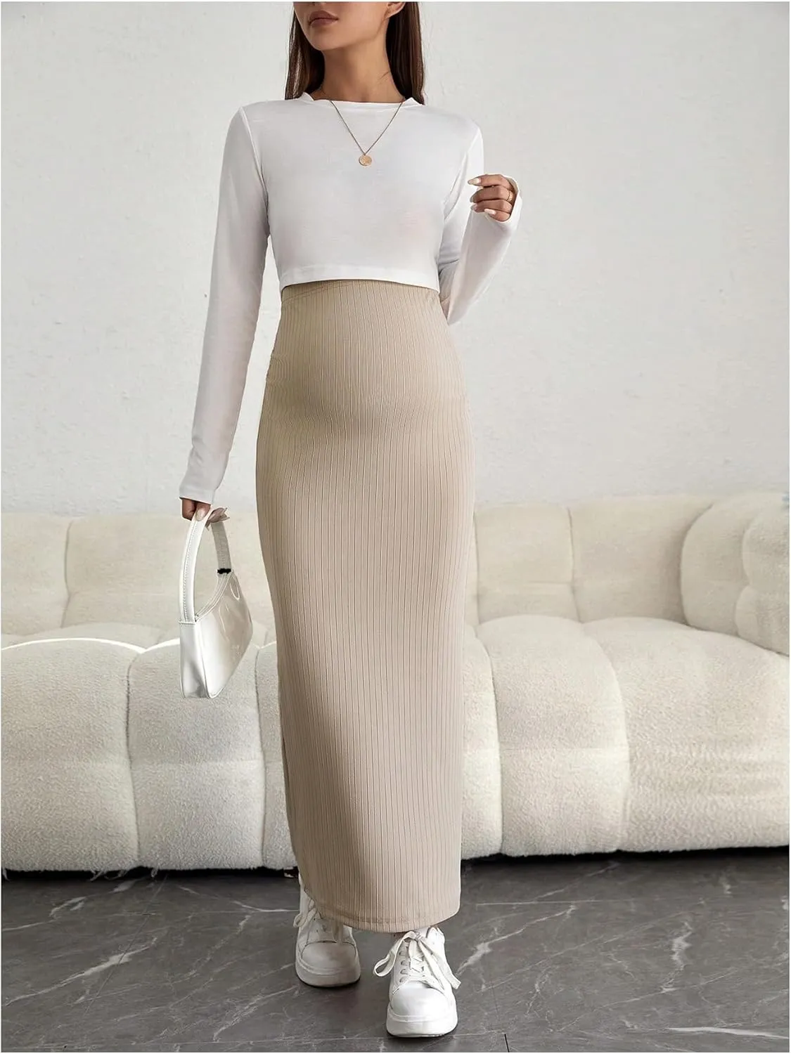 OYOANGLE Women's Maternity High Waist Long Maxi Skirt Casual Solid Adjustable Skirts