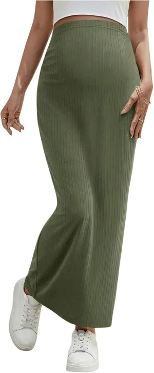OYOANGLE Women's Maternity High Waist Long Maxi Skirt Casual Solid Adjustable Skirts